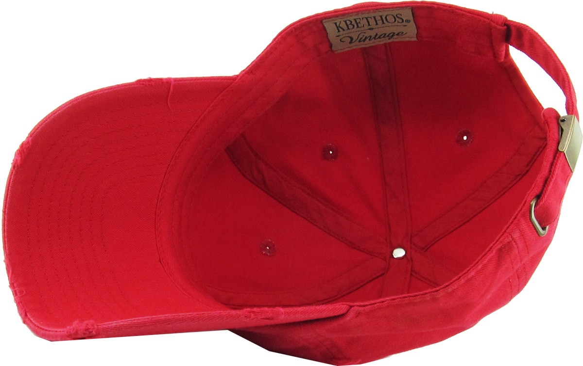Red Distressed Vintage Baseball Cap Inside Turned Over View